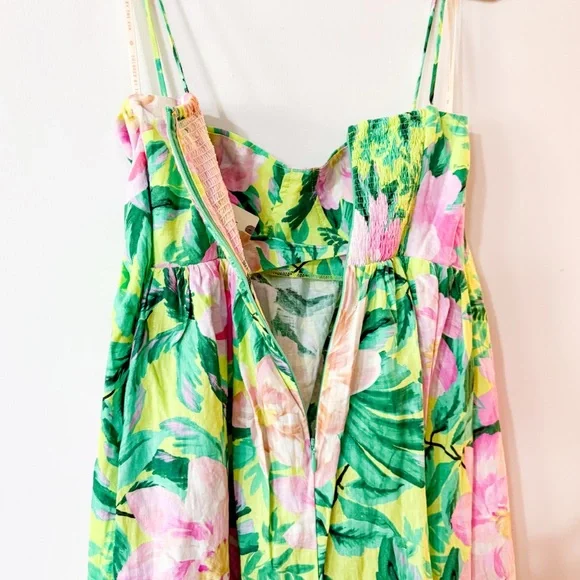 FARM Rio Linen Blend Tie-Strap Sweetheart Babydoll Midi Dress Size XS NEW - Picture 9 of 11